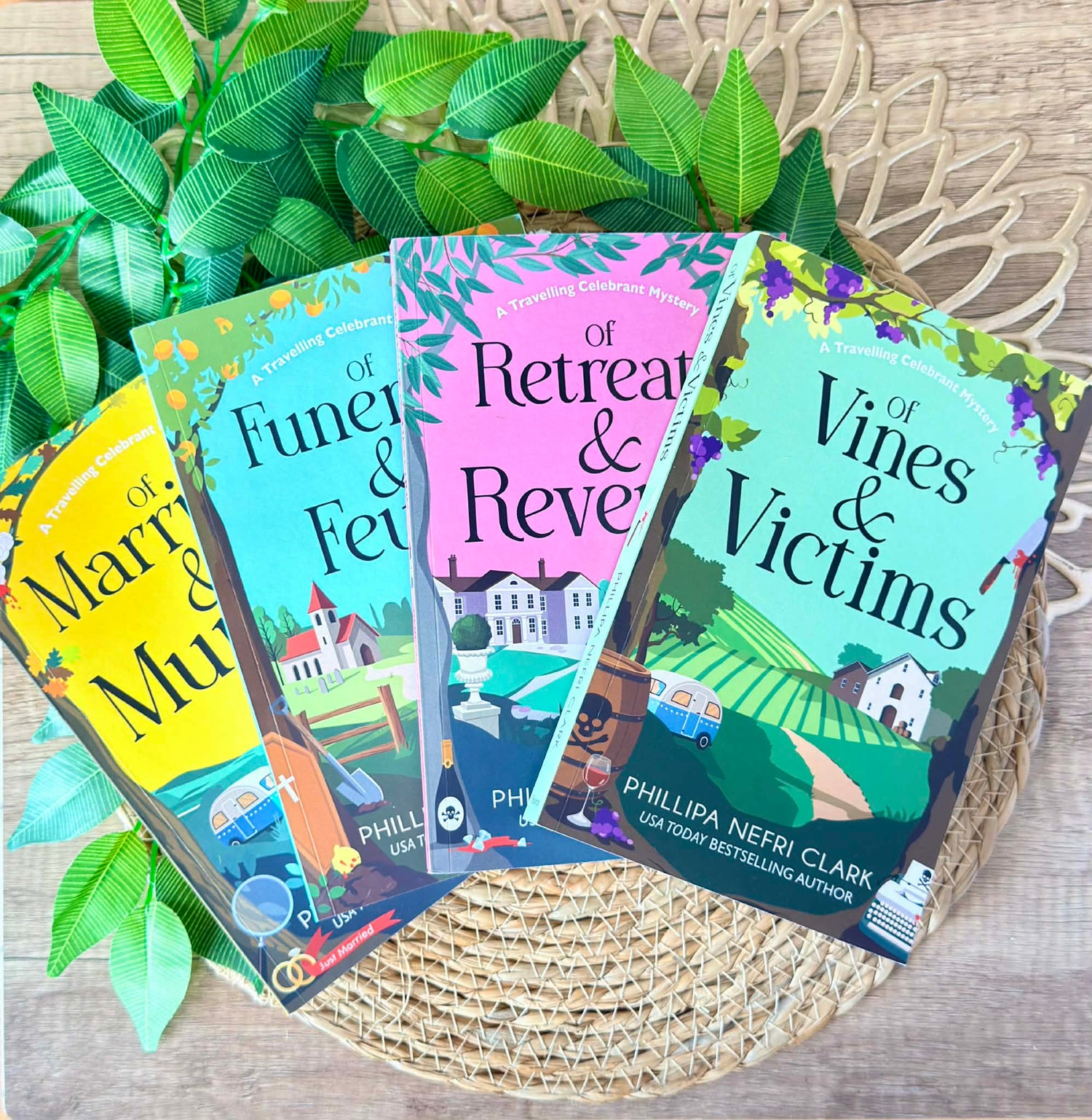Image of the paperbacks in the Travelling Celebrant Mysteries. Photo by Janene Morgan.